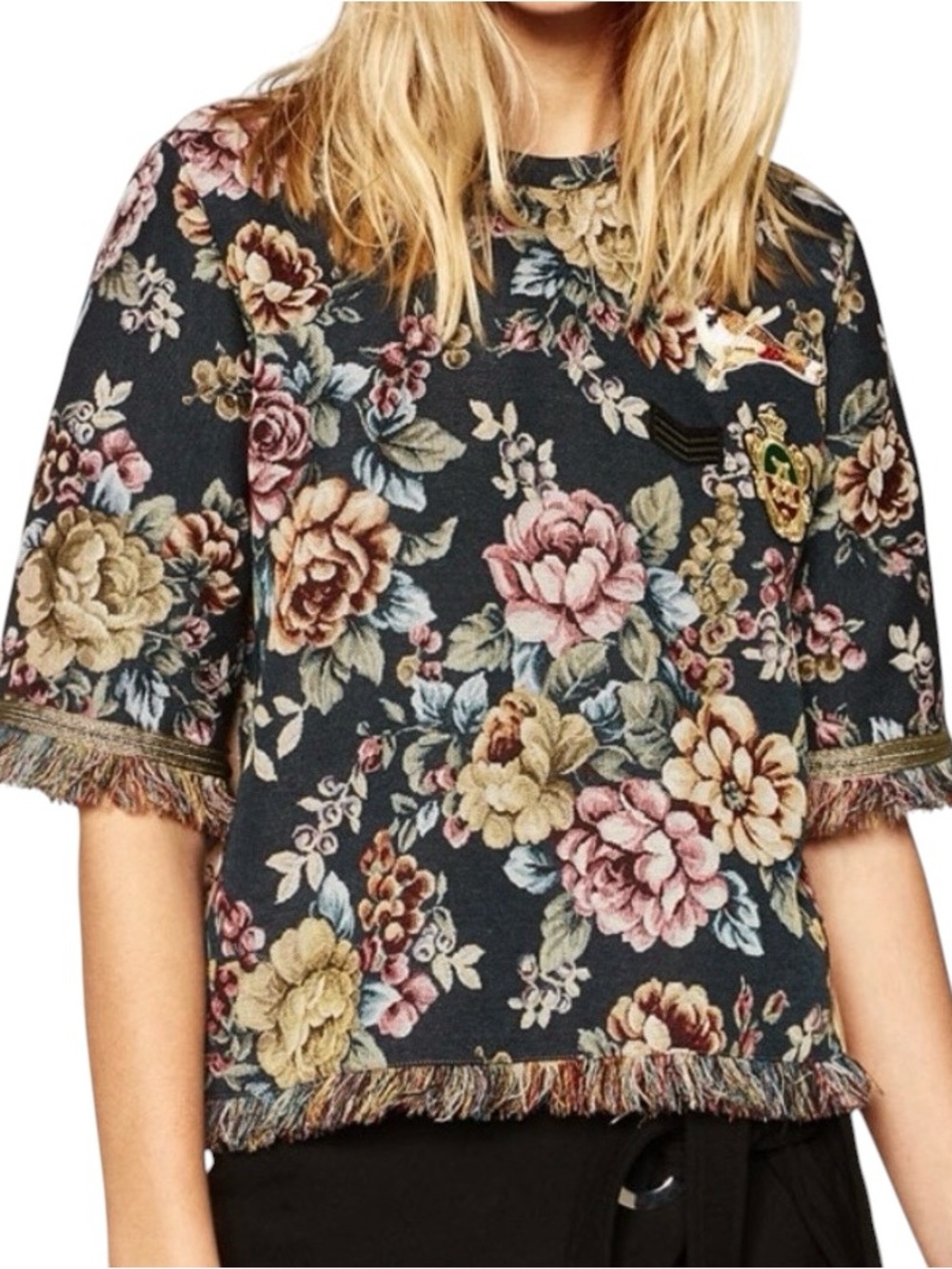 Floral Jacquard Fringe Top with Patches